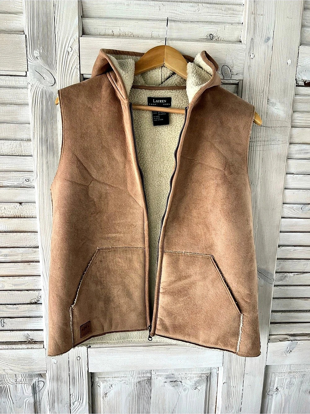 Lauren Ralph Lauren Faux Shearling Hooded Vest Brown Size Medium